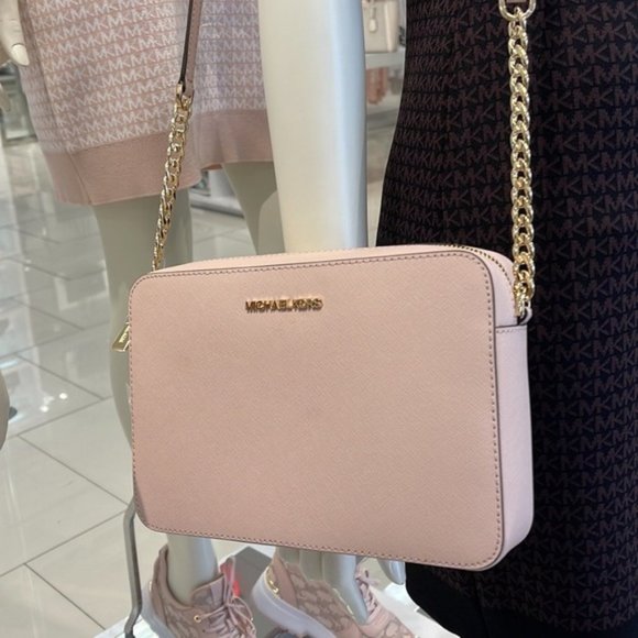 Michael Kors Jet Set Item Large East West Zip Crossbody Leather Powder Blush - Picture 1 of 16